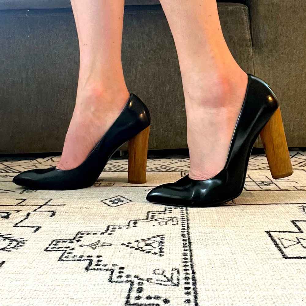 YSL Black Leather Pumps with Wooden Heel